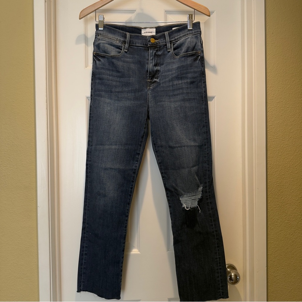 Frame Denim Women's Le High Straight Dark Blue Distressed Jeans Size 29